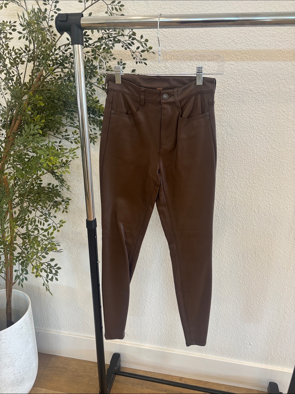 Free People Dark Brown Faux-Leather Skinny Jeans